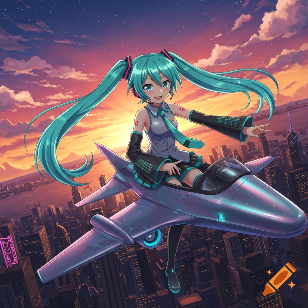 Hatsune Miku grins while flying a sleek purple futuristic jet over a sprawling city at sunset.