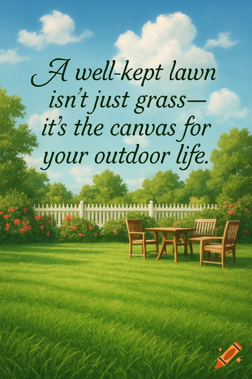 A bright, serene garden scene with green grass, a white picket fence, blooming bushes, and wooden patio furniture. A quote floats in the sky.