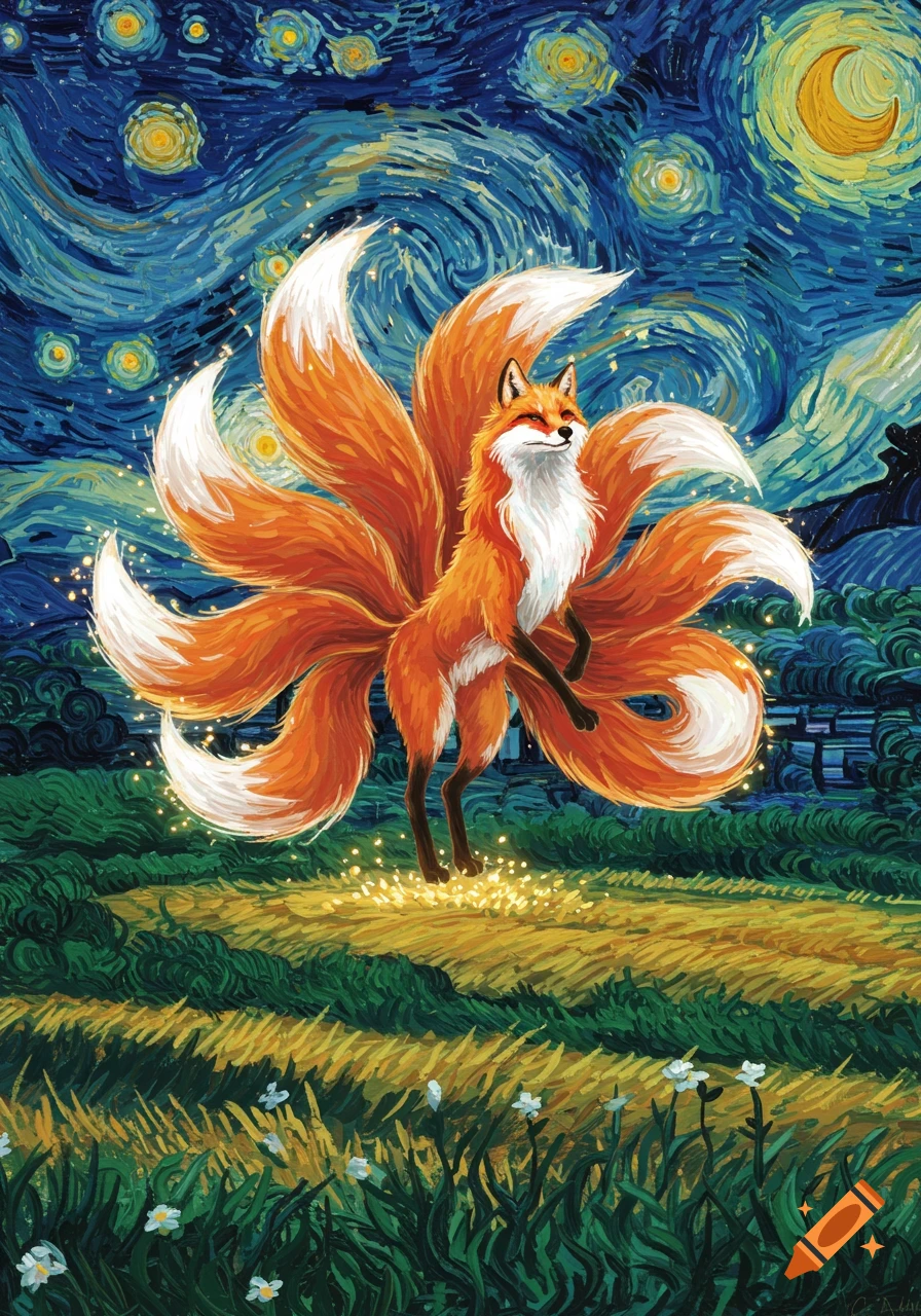 A kitsune, a multi-tailed fox, stands in a field under a starry night sky in a Van Gogh-inspired painting style.
