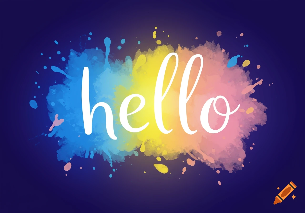 The word 'hello' in white script against a vibrant blue, yellow, and pink watercolor splash background.
