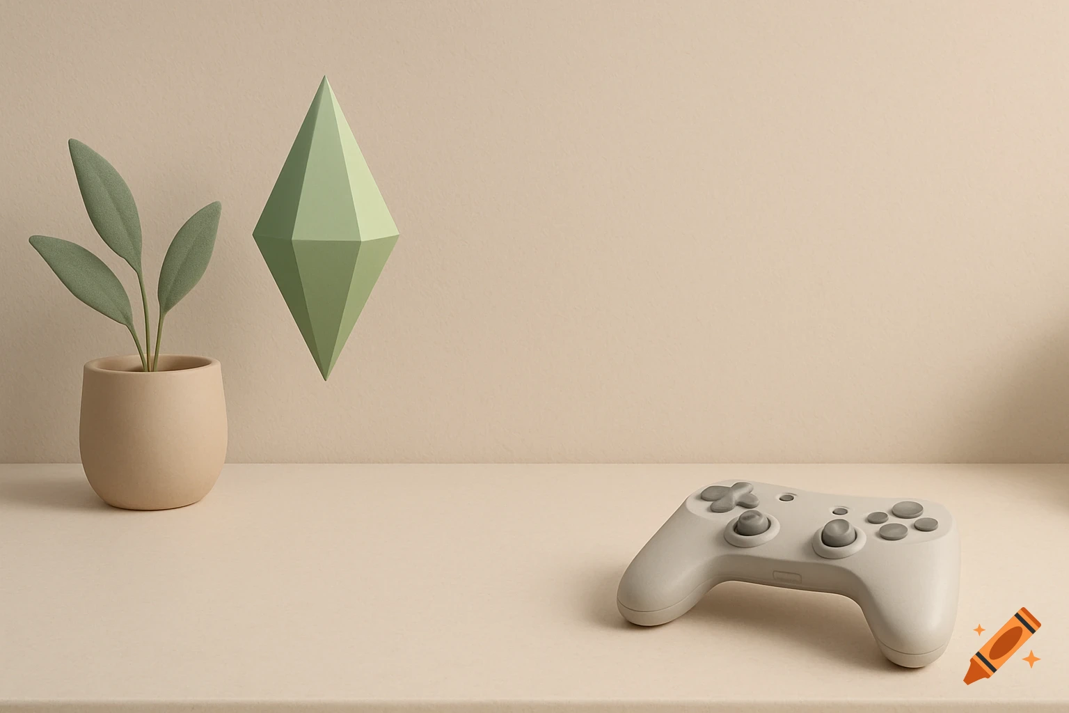 A minimalist scene with a potted plant, a floating green plumbob, and a gray game controller on a beige surface.