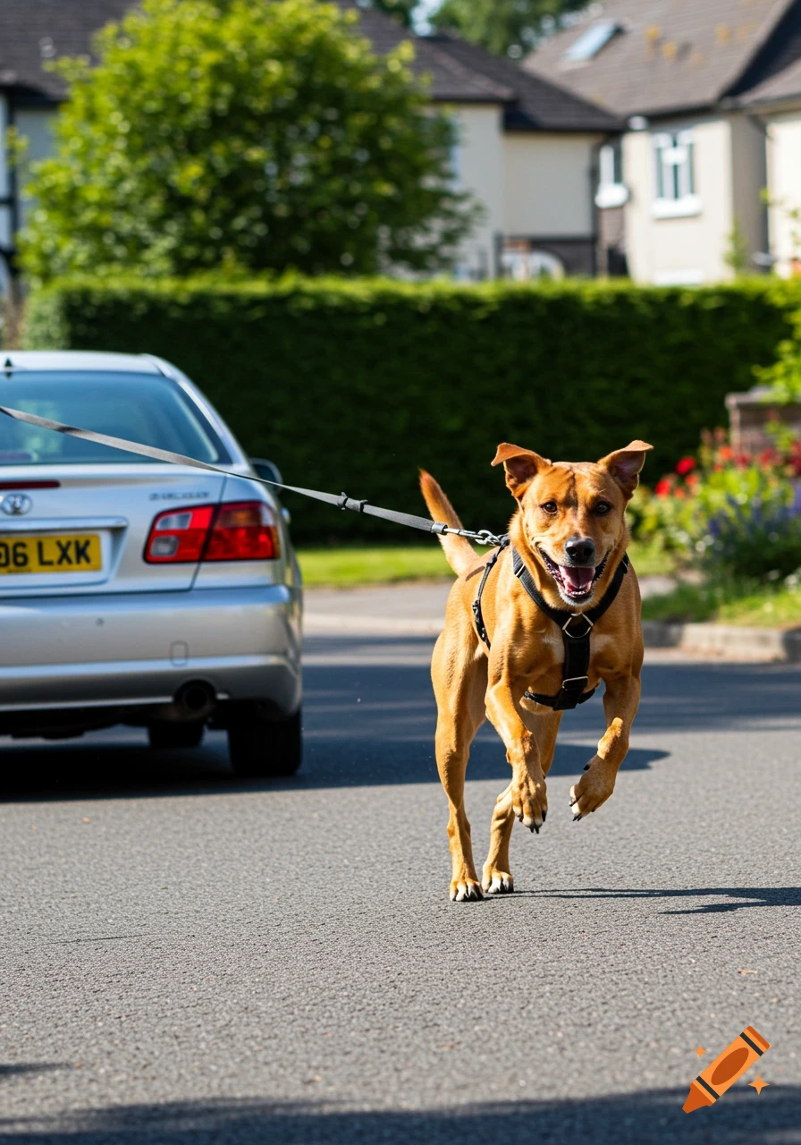 A brown dog wearing a black harness runs on a paved street, pulling a silver car by a leash.