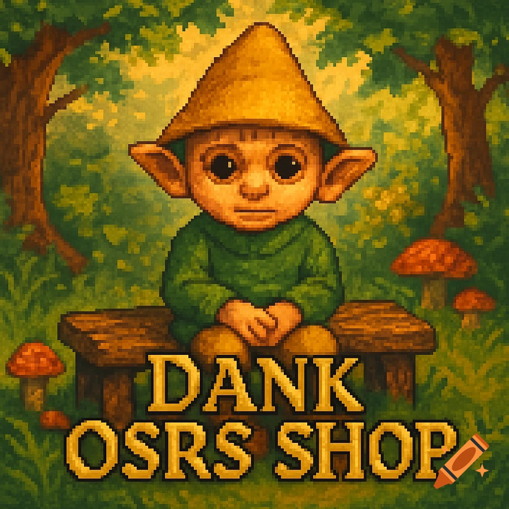 Pixel art of a gnome child with large ears and a pointy hat sitting on a wooden bench in a forest with mushrooms, text reads 'DANK OSRS SHOP'.