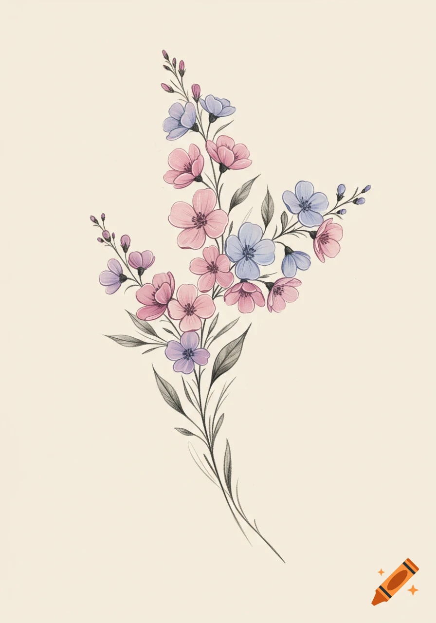 A delicate watercolor-style drawing of pink, purple, and blue flowers with green leaves on a light background.