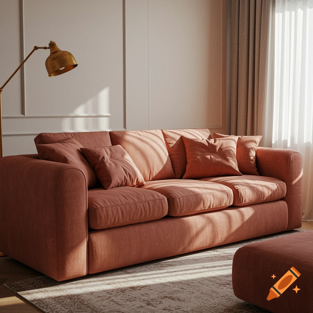 A dusky pink and terracotta upholstered sofa in a sunlit room with a floor lamp and window.