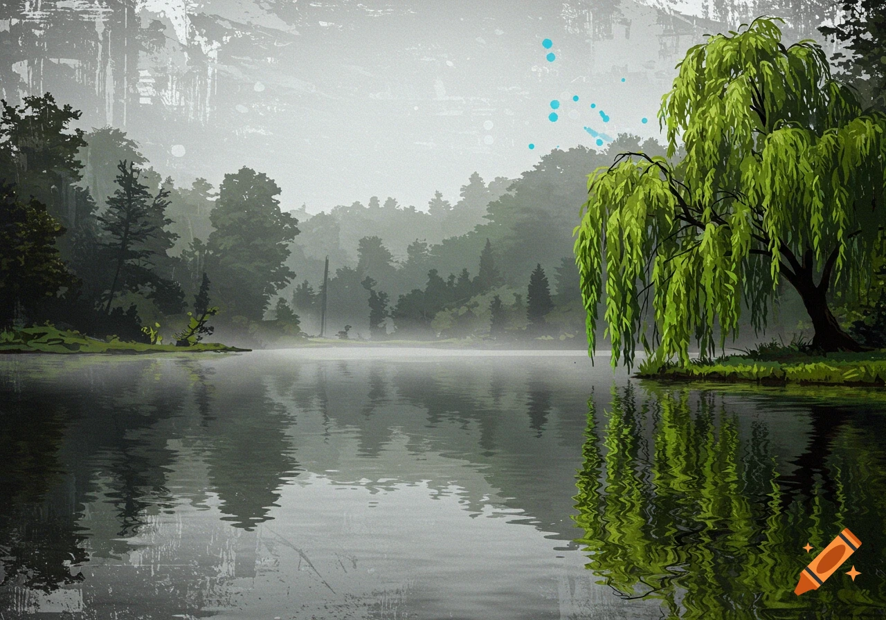 A digital illustration of a misty lake with a dense forest in the background and a weeping willow tree on the right.