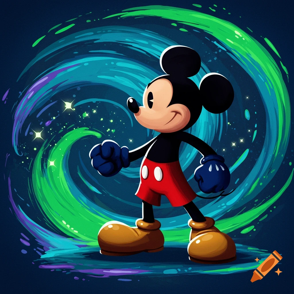 Epic Mickey stands in a T-pose against a swirling blue and green galaxy background with stars in a 2D cartoon style.