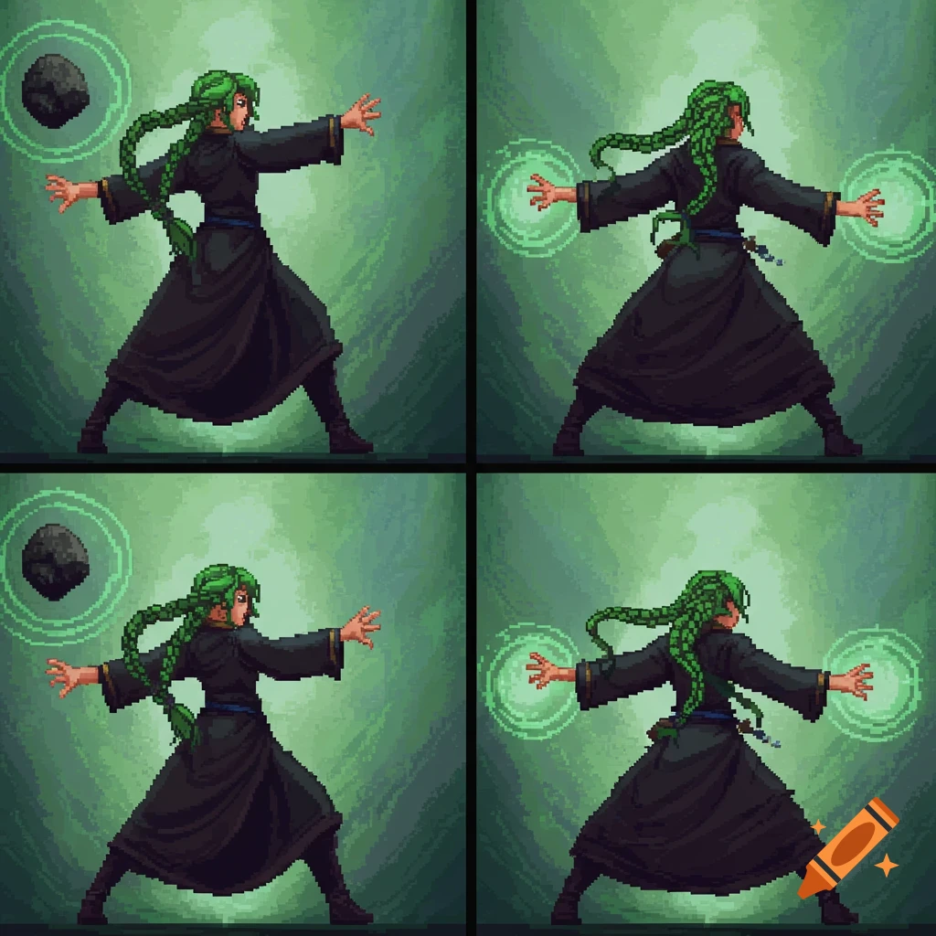 Pixel art of a female wizard with green braids and dark robes, shown in four frames casting spells or throwing a stone.