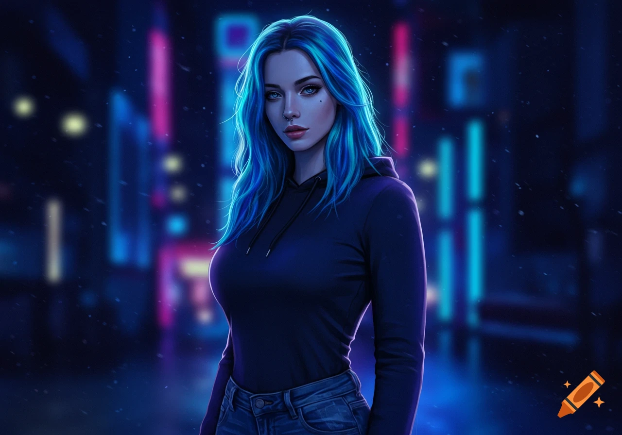 Digital art portrait of a woman with blue hair and a nose piercing, wearing a dark hoodie, against a neon city night background.