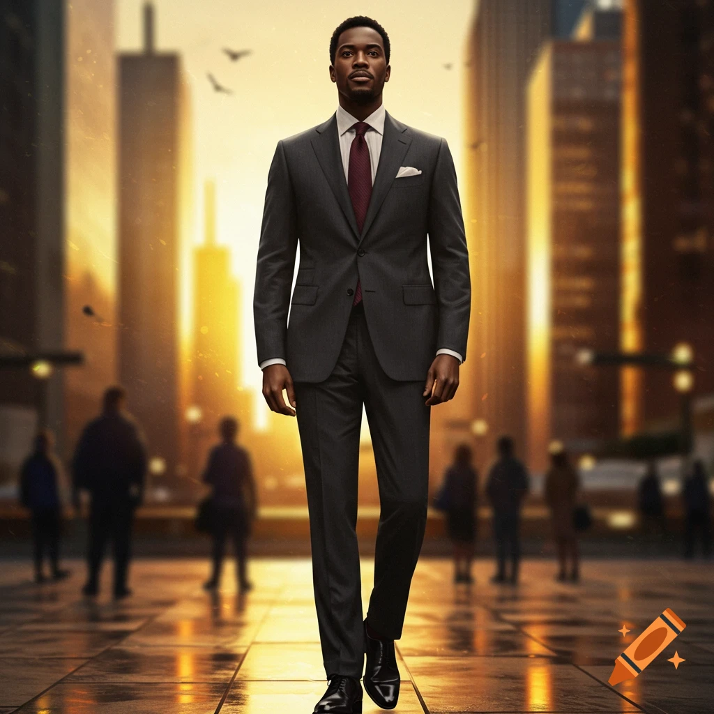 A man in a dark suit and red tie walks on a sunlit city street with blurred buildings and people in the background, photorealistic style.