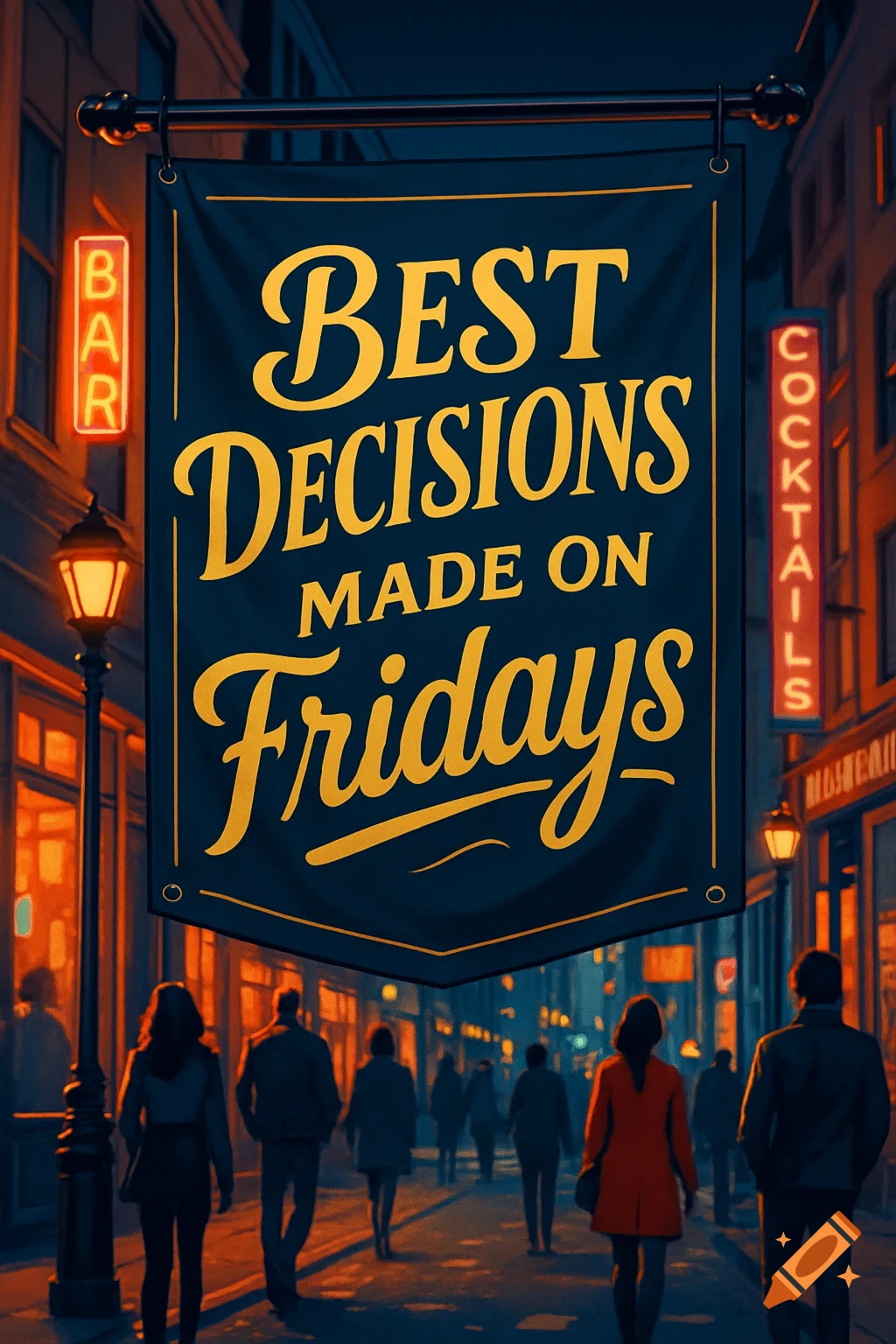 A large banner reading 'BEST DECISIONS MADE ON Fridays' hangs over a vibrant night city street with neon signs and people walking.
