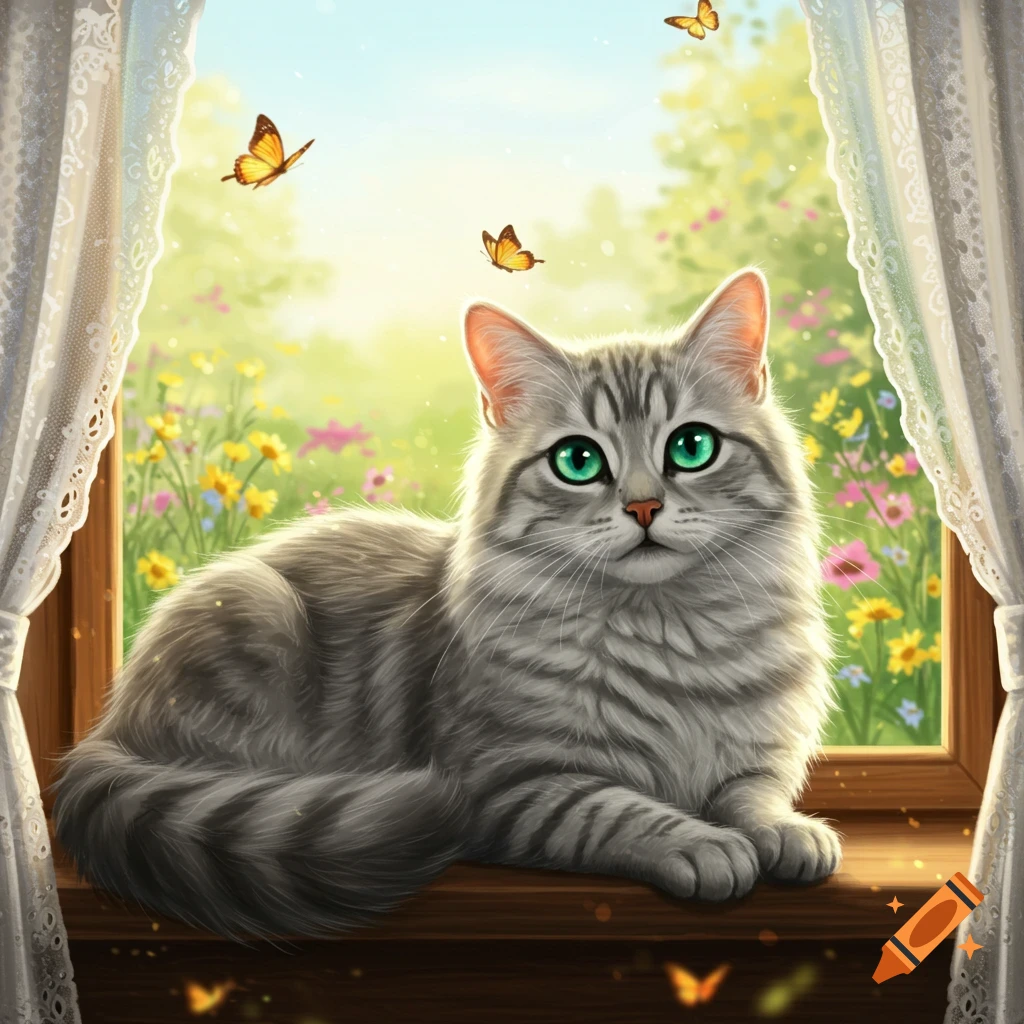 A fluffy grey tabby cat with bright green eyes lies on a wooden windowsill, looking out at a sunny field of colorful flowers and butterflies. Illustrated.