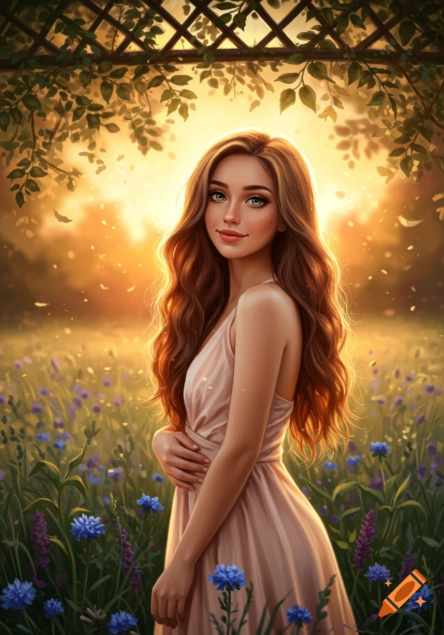 A young woman with long brown hair stands in a field of blue and purple flowers at sunset under a trellis.
