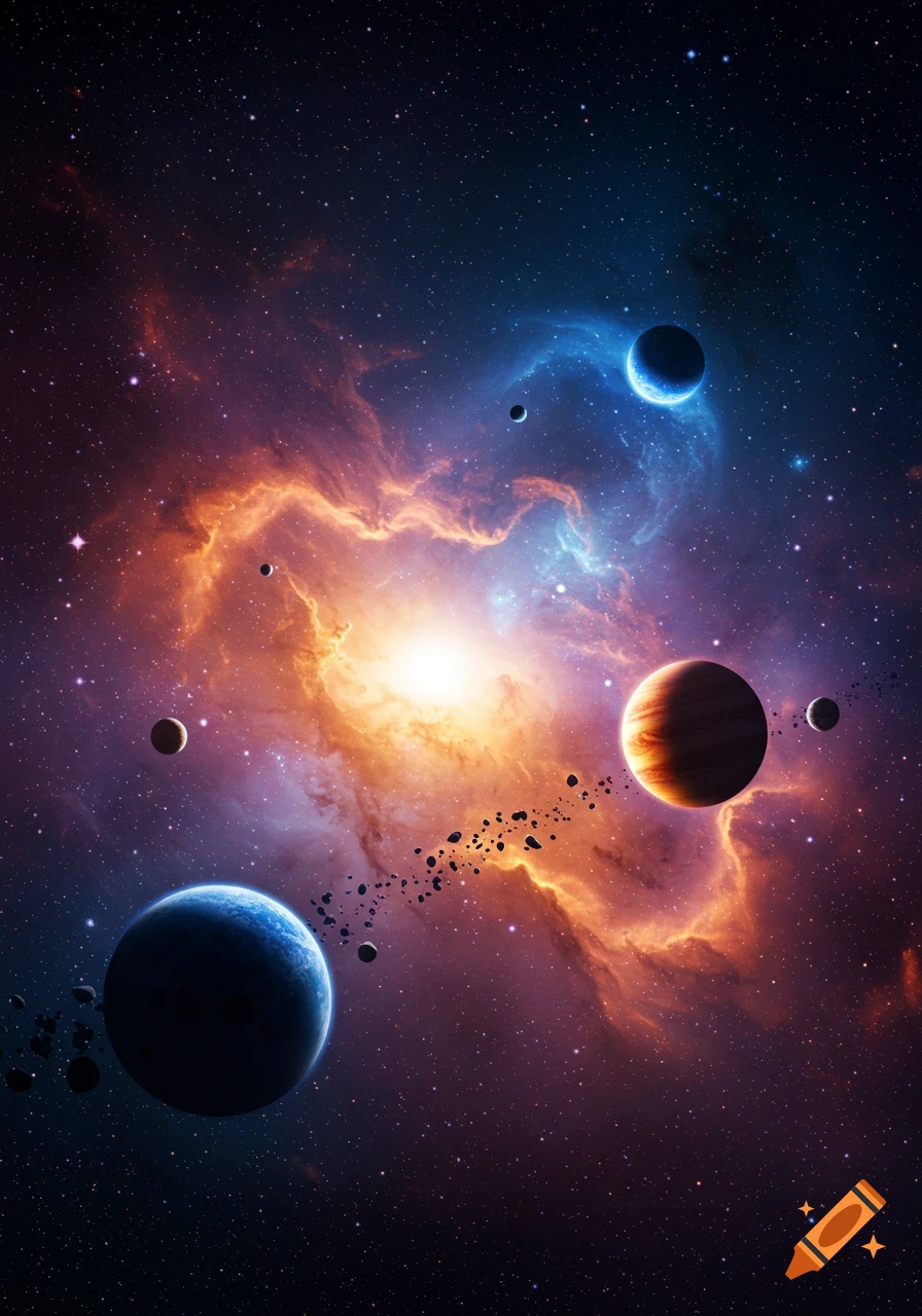 Vibrant cosmic scene with planets, a bright star, nebula clouds in orange and blue, and an asteroid field against a starry background.