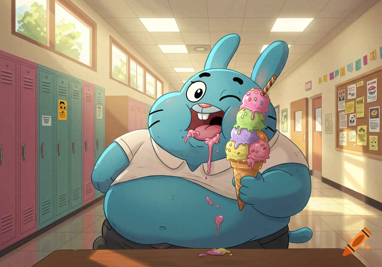 A large, light blue rabbit-like character from Gumball, Richard Watterson, is sitting in a school hallway, happily eating a towering, melting ice cream cone.