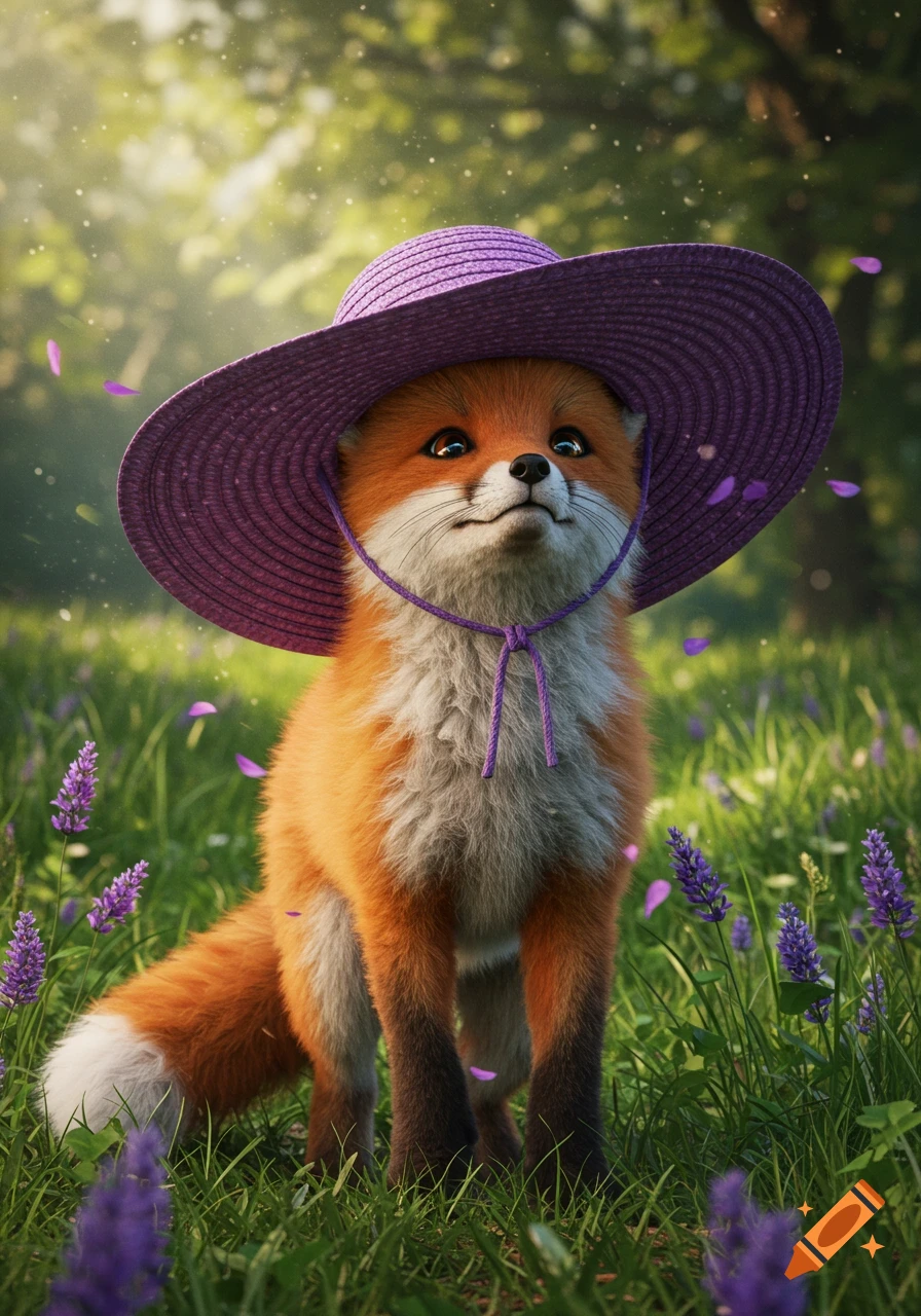 A cute, photorealistic fox wearing a purple hat sits in a sunny green field with purple flowers.