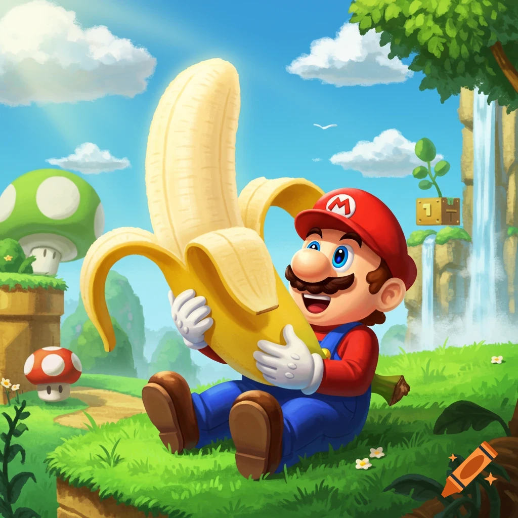 Mario sits happily in a vibrant green landscape, holding a giant peeled banana, with mushrooms and a waterfall in the background, cartoon style.