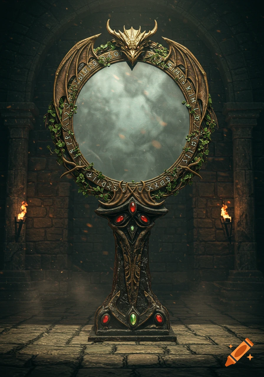 An ornate D&D style fantasy mirror with a dragon head, wings, and runes on a pedestal in a dark dungeon.