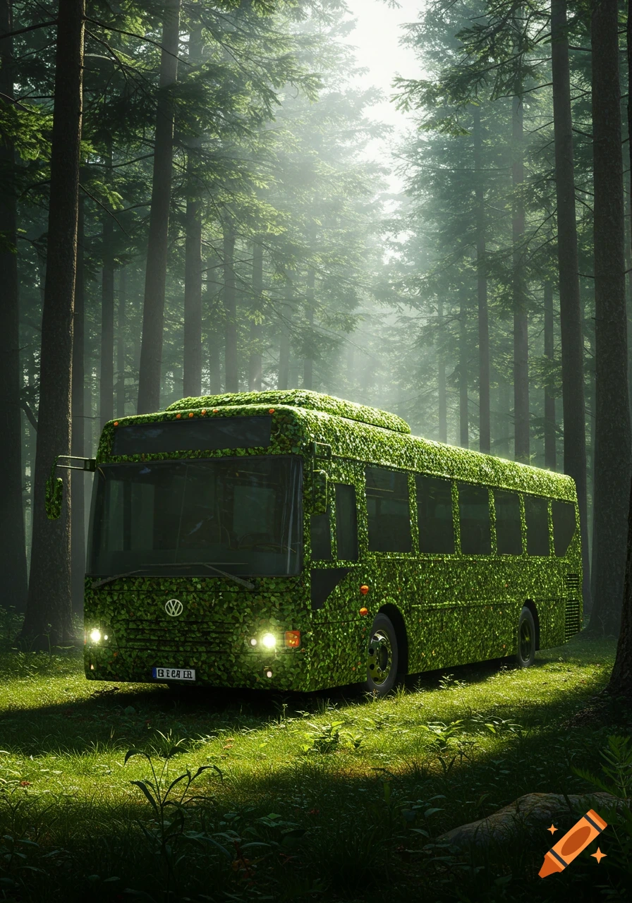A green leaf-covered bus, camouflaged in a sun-dappled forest.