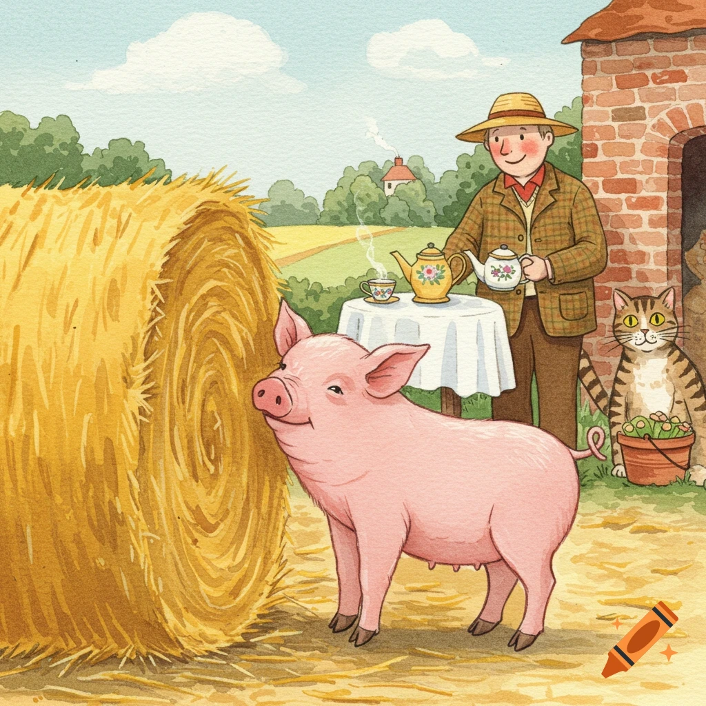 A pink piglet next to a hay bale, a farmer pouring tea, and a tabby cat in a watercolor children's book style farm scene.