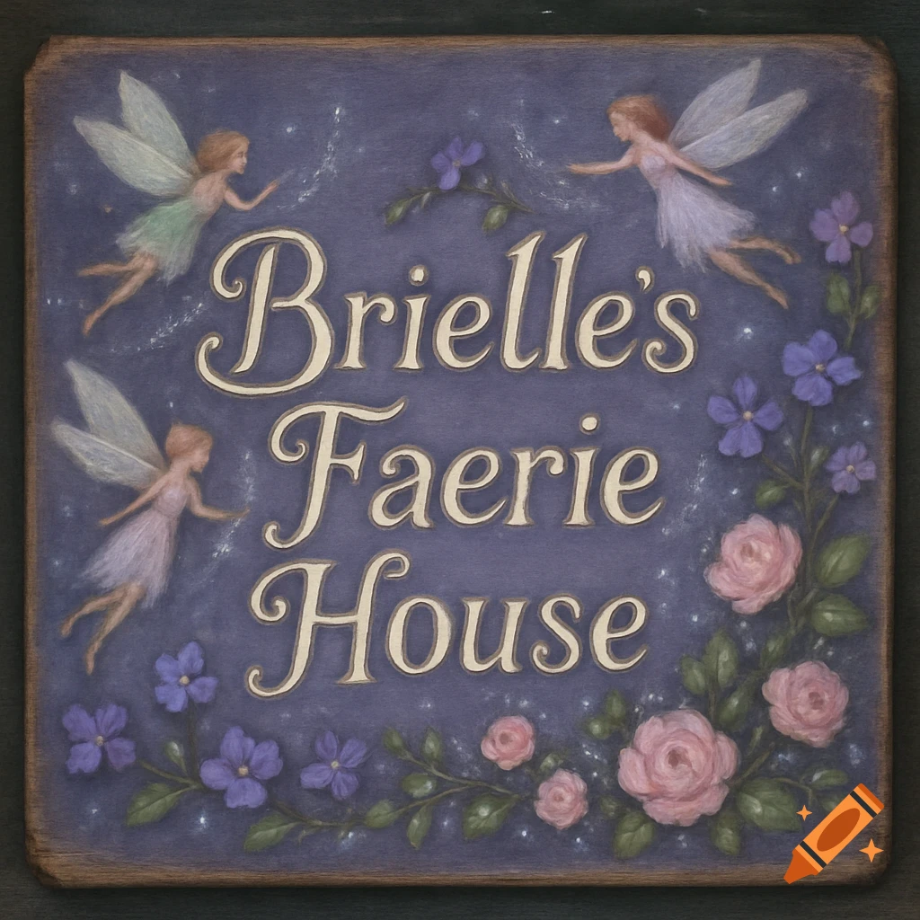 A whimsical sign for 'Brielle's Faerie House' with three flying fairies, purple and pink flowers, and glowing dust on a dark purple background.