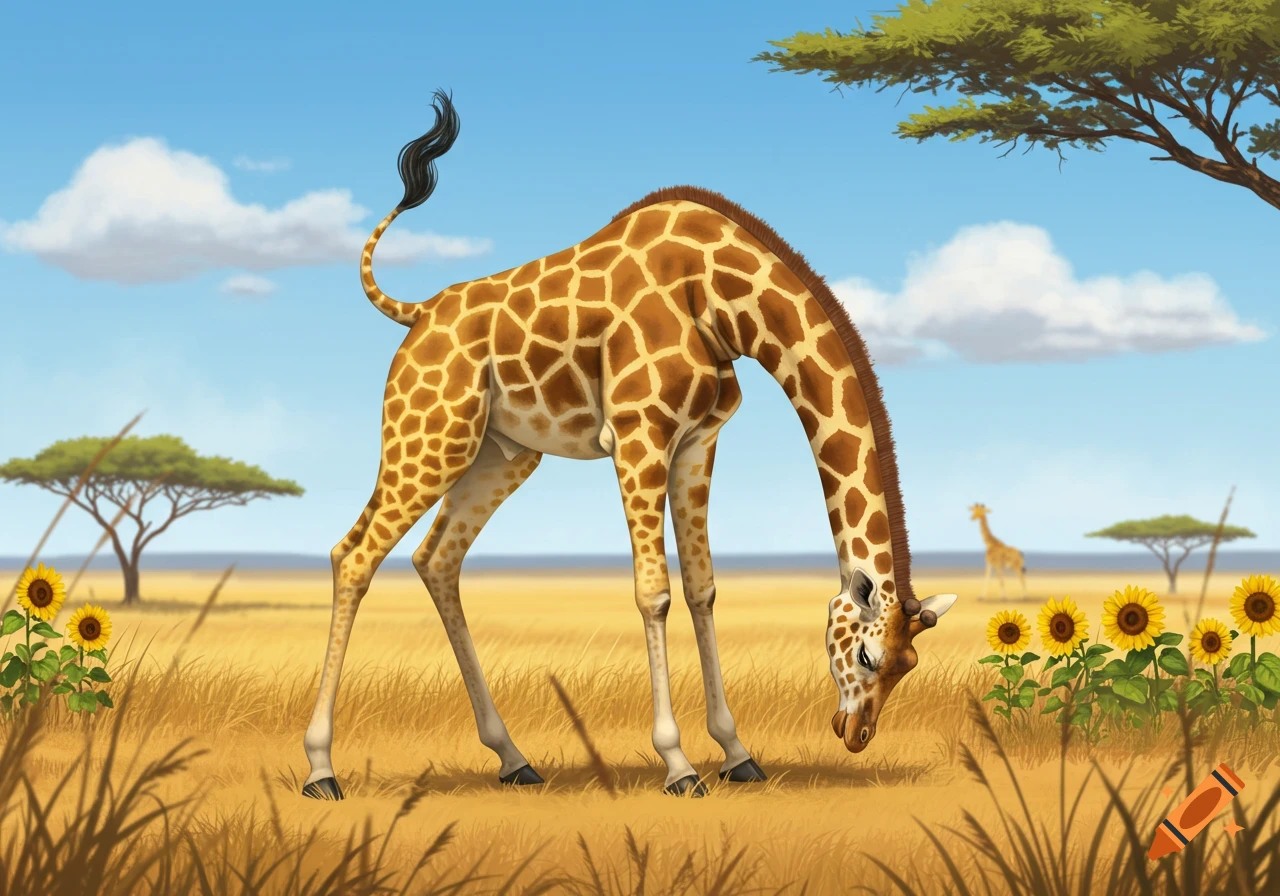A cartoon giraffe with a long neck bends to graze in a sunny, grassy savannah with sunflowers and acacia trees.