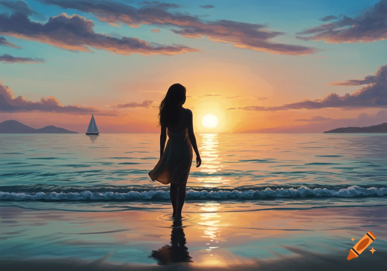 A silhouetted woman stands on a beach, looking at the ocean during a vibrant sunset with a sailboat in the distance. Digital art.