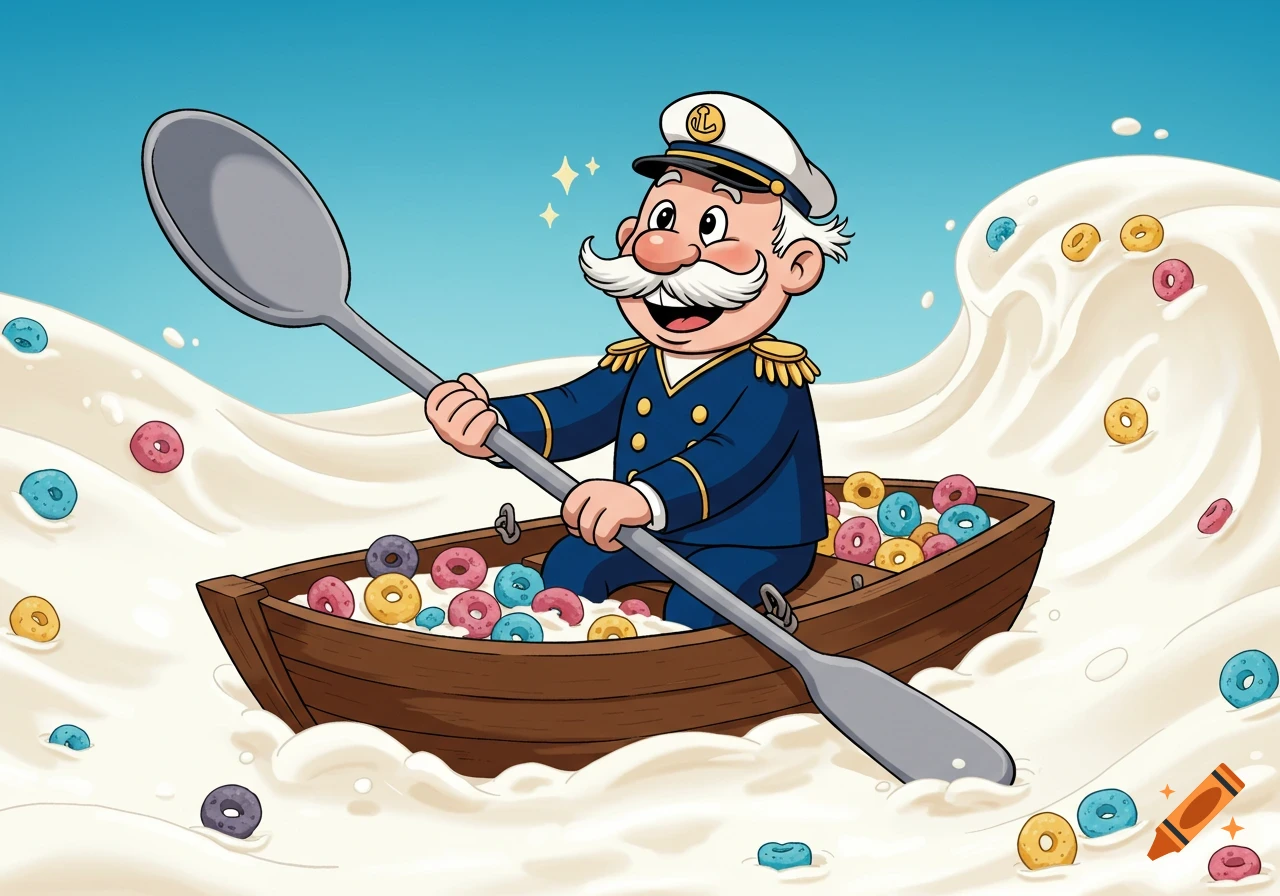 A jovial cartoon captain in a naval uniform rows a boat full of colorful cereal through a river of milk with a large spoon.