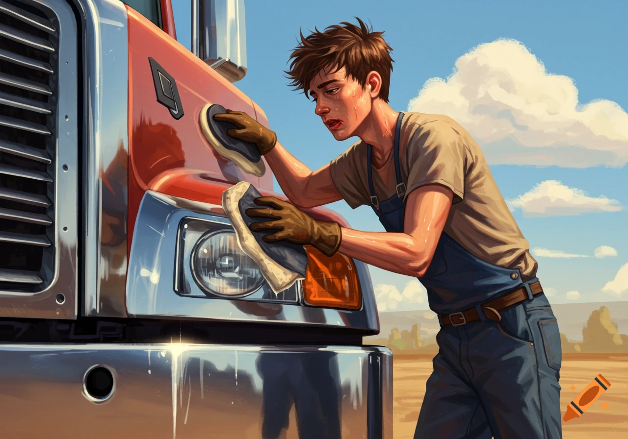 A sweaty young man with brown hair in overalls and gloves diligently polishes the front of a red semi-truck under a clear, sunny sky.