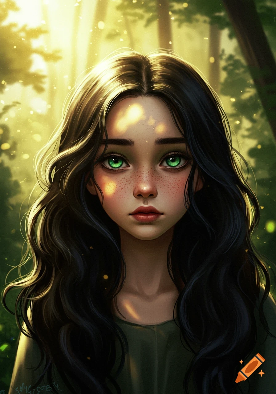 A stylized digital art portrait of a girl with long wavy black hair, striking green eyes, and freckles, against a glowing, blurred forest background.