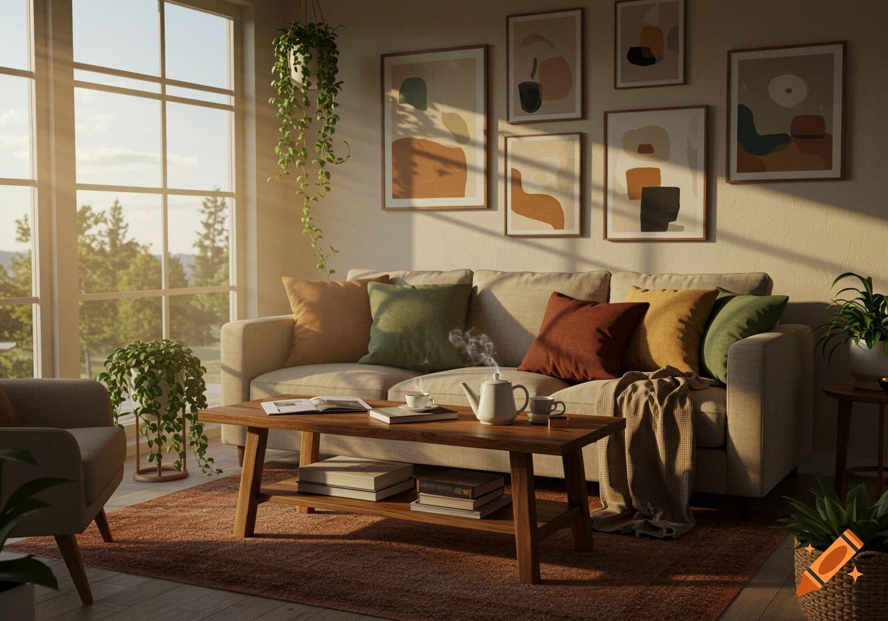 A warm, sunlit living room with a comfortable sofa, wooden coffee table, and large windows looking out to trees.