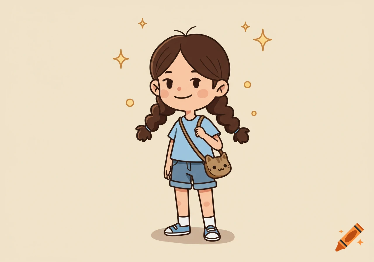 A cartoon girl with brown braided hair, light blue shirt, shorts, and a cat satchel stands against a light background.