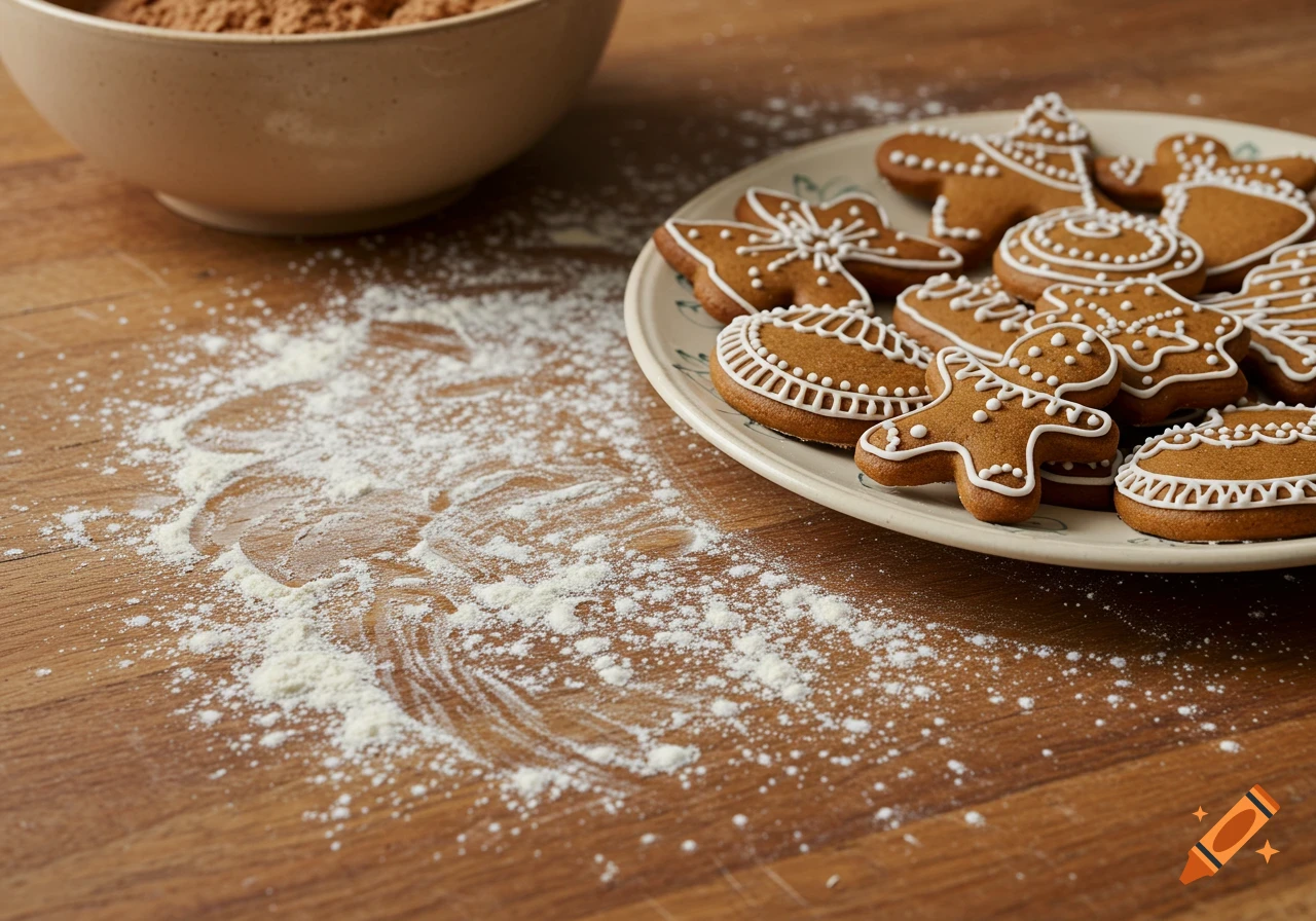 A close-up of a wooden counter with flour sprinkled around, a bowl of gingerbread mix, and a plate of decorated gingerbread cookies.