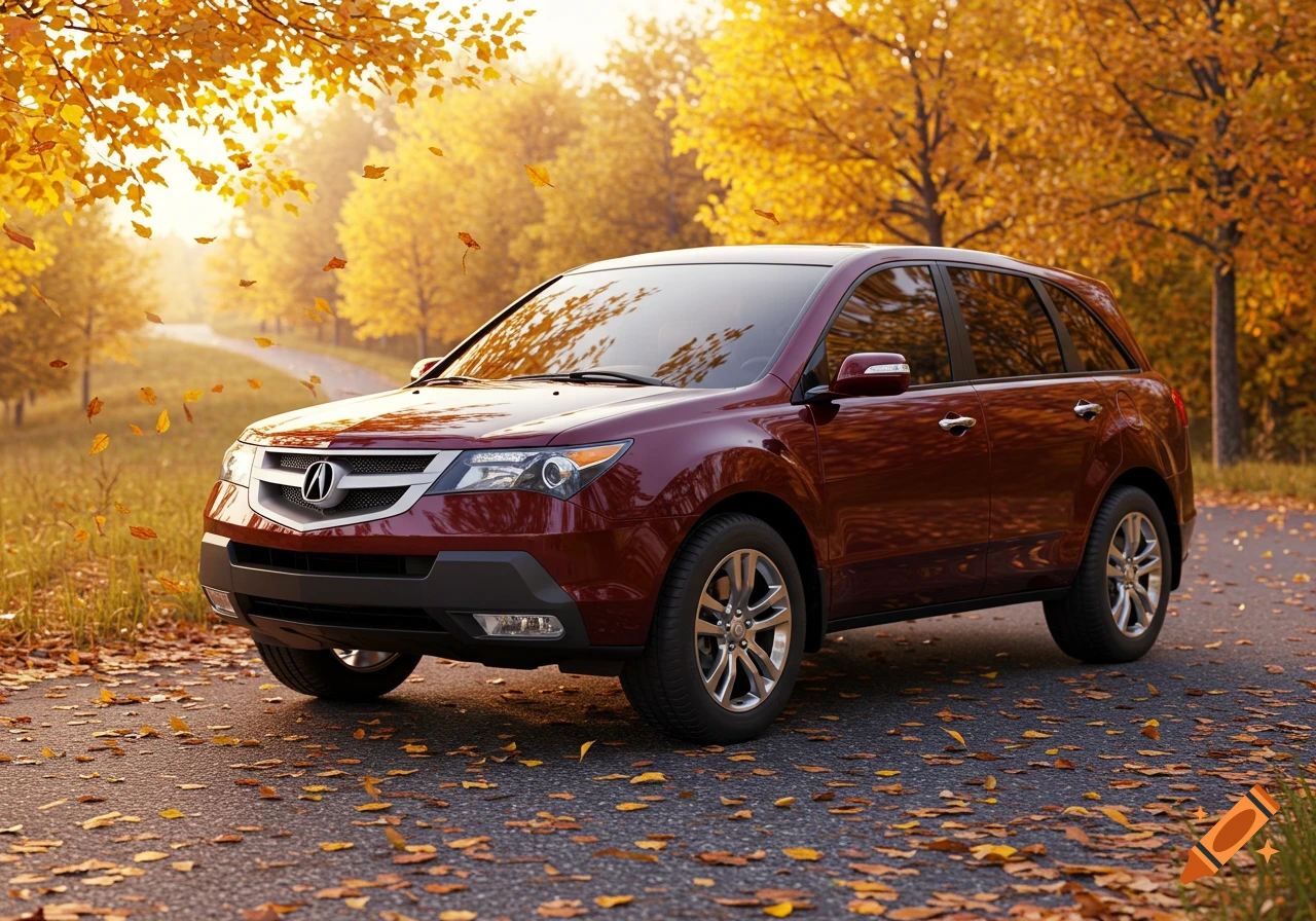 A photorealistic image of a burgundy Acura MDX SUV parked on a leaf-strewn road, with golden autumn trees and falling leaves in the background.