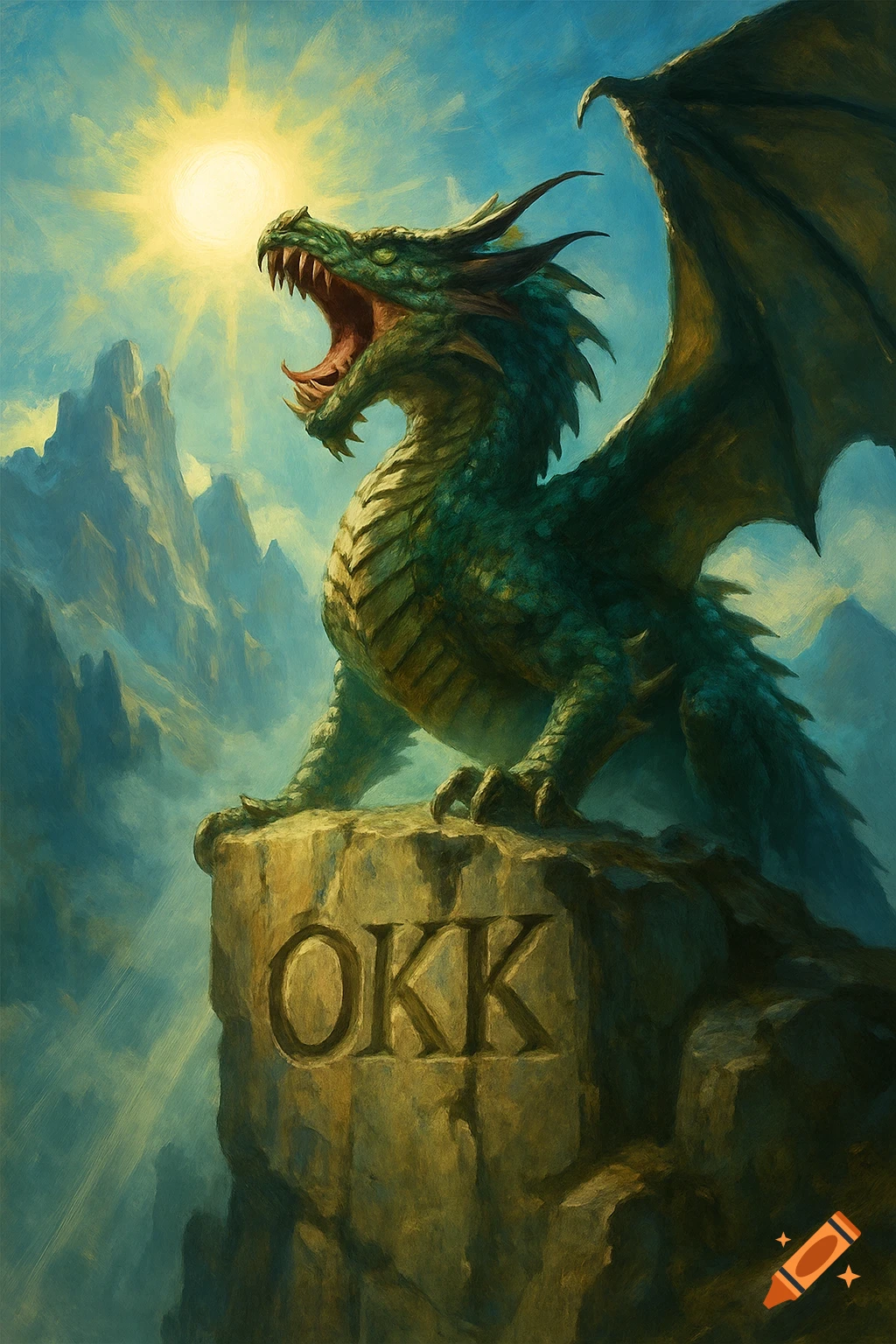 A green dragon with wings spread, roaring, stands on a rocky mountain peak with 'OKK' carved into it, under a bright sun.