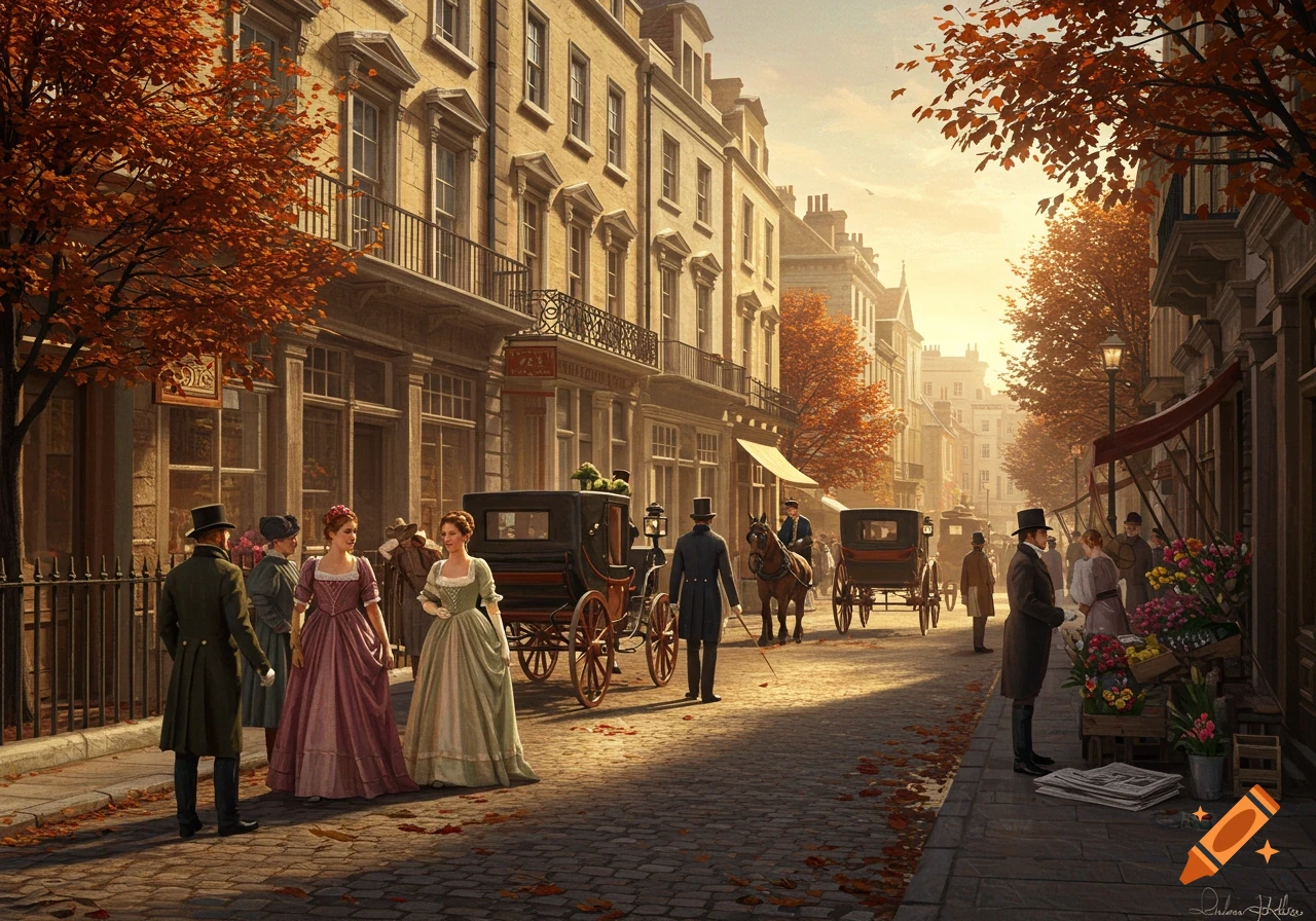 A bustling 19th-century street scene in England, with people in period attire, horse-drawn carriages, and shops under warm autumn light.