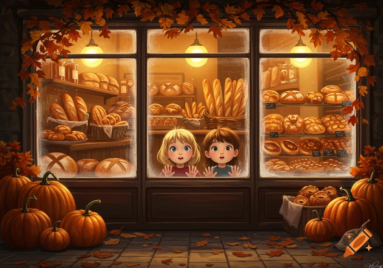 Two wide-eyed children looking through the frosted window of an autumn-decorated bakery, surrounded by pumpkins and fall leaves.
