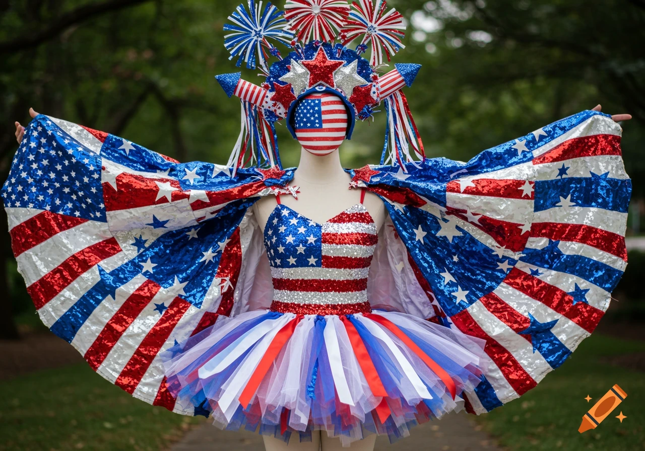 An elaborate, patriotic costume in red, white, and blue, featuring stars and stripes, on a mannequin in a park setting.
