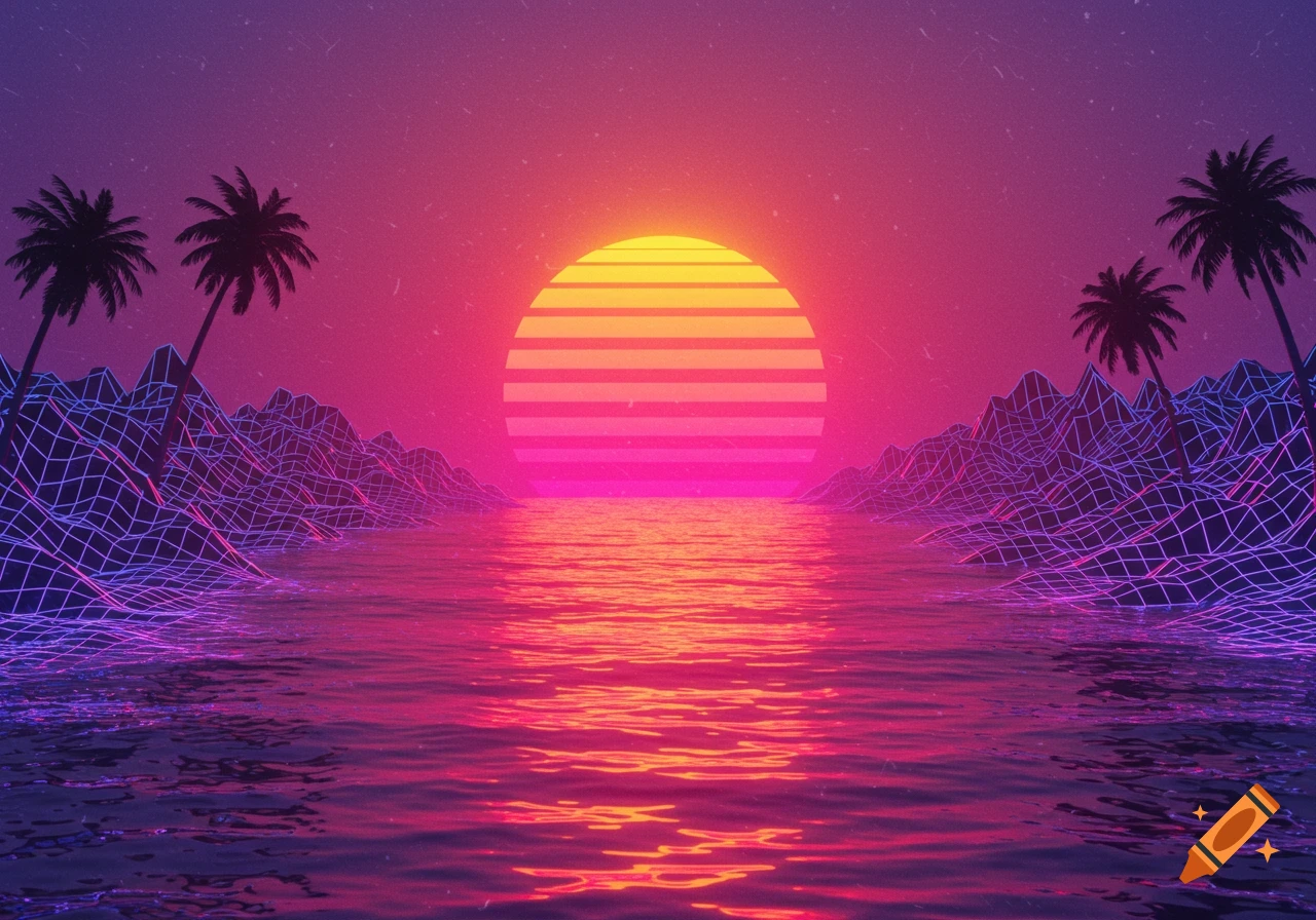 A vibrant synthwave landscape featuring a striped sunset over an ocean with neon wireframe mountains and silhouetted palm trees.