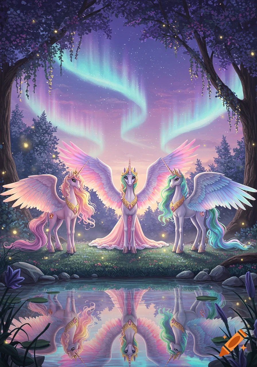 Three alicorn princesses stand in a magical forest clearing with aurora borealis in the sky, reflecting in a pond.