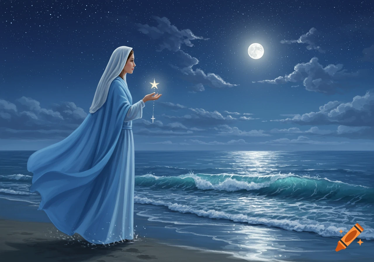 A woman in a blue robe stands on a beach at night, holding a glowing star, with a full moon and starry sky over the ocean.