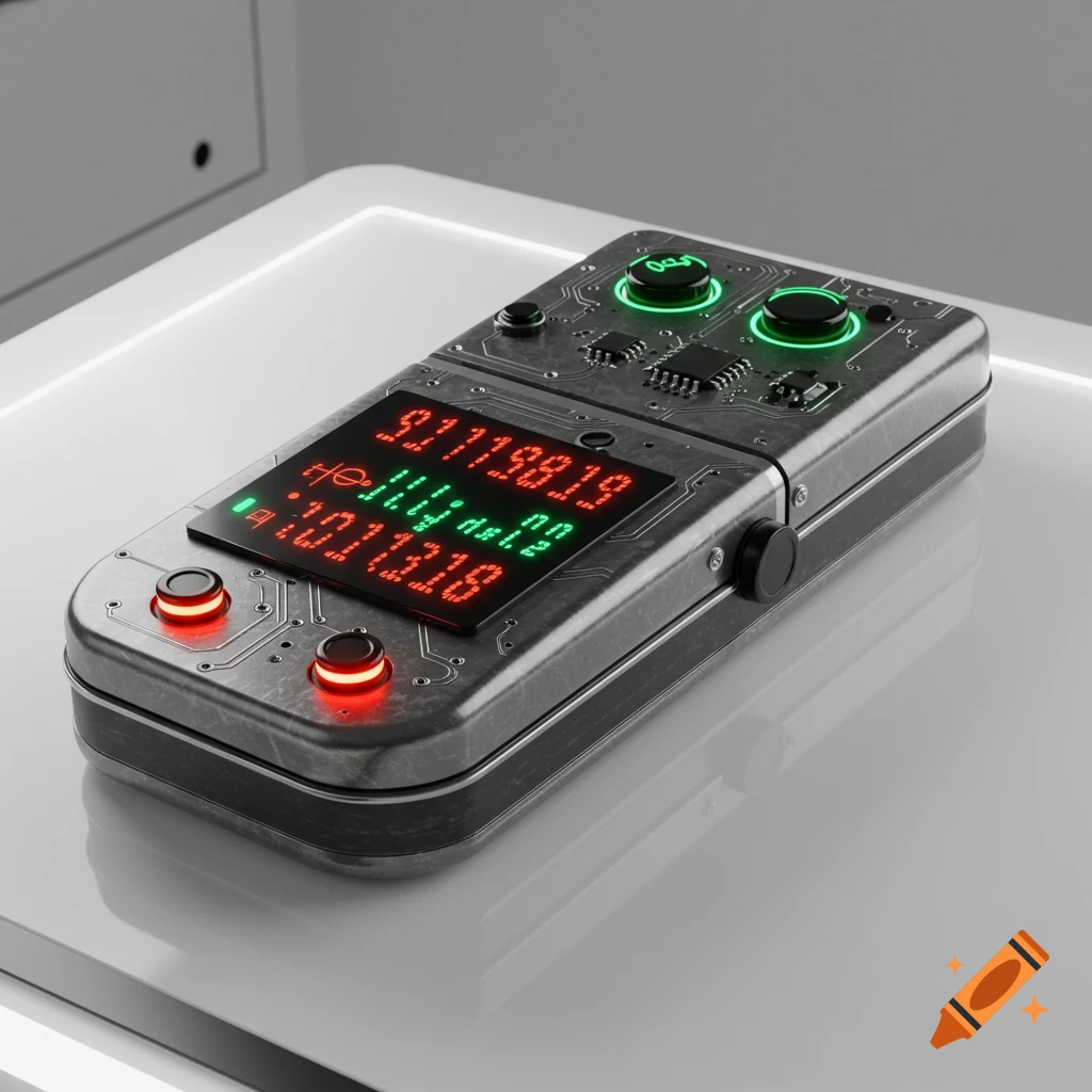 A close-up of a futuristic metallic device with glowing buttons and an LED screen displaying red and green characters, resting on a white surface.