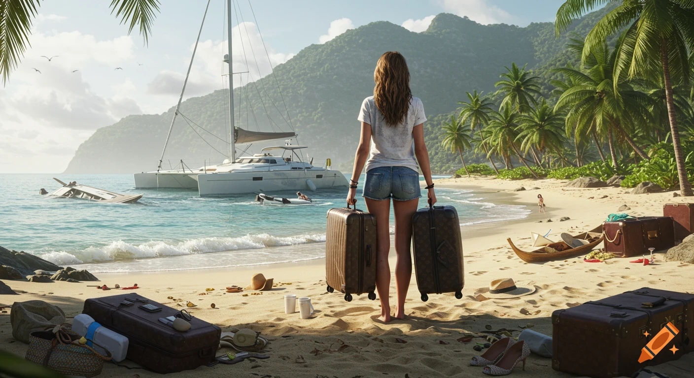 A woman stands on a tropical beach holding two suitcases, looking at a shipwrecked catamaran in the water, with palm trees and scattered luggage.