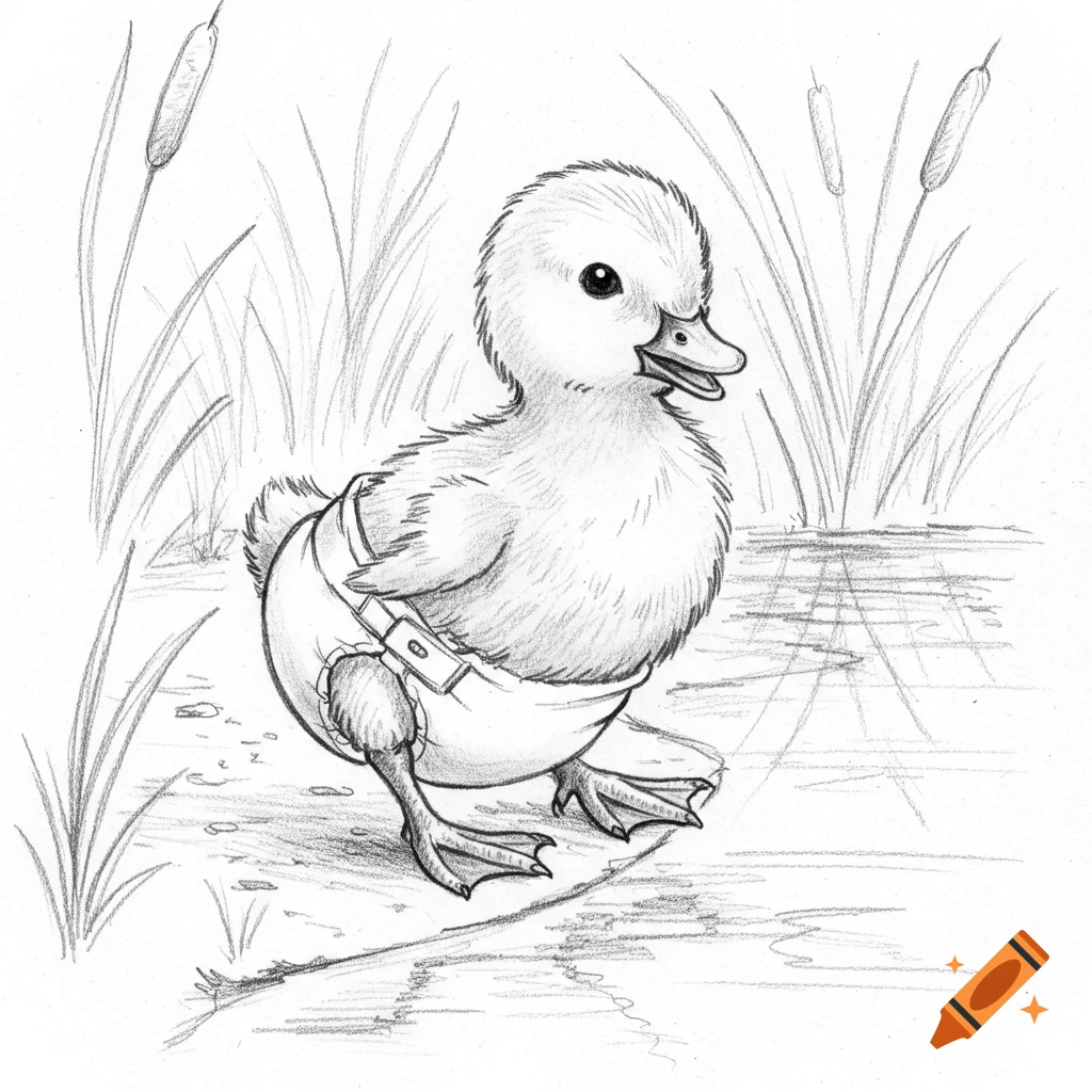 A detailed pencil sketch of a fluffy duckling wearing a diaper, standing in shallow water among reeds.