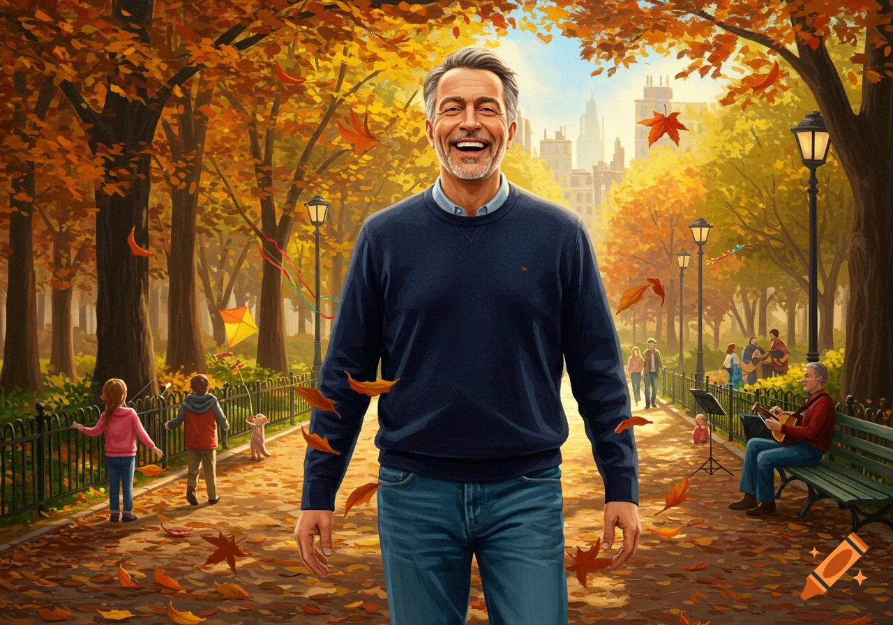 A happy man with gray hair and a blue sweater smiles and walks forward in a vibrant autumn park with falling orange leaves and other people in the background.