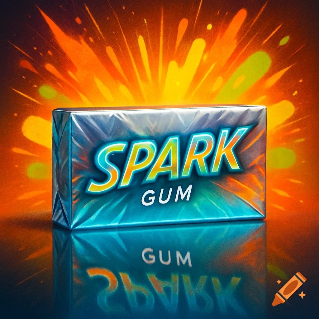 A reflective, metallic-looking pack of 'SPARK GUM' against an orange and yellow explosion background.