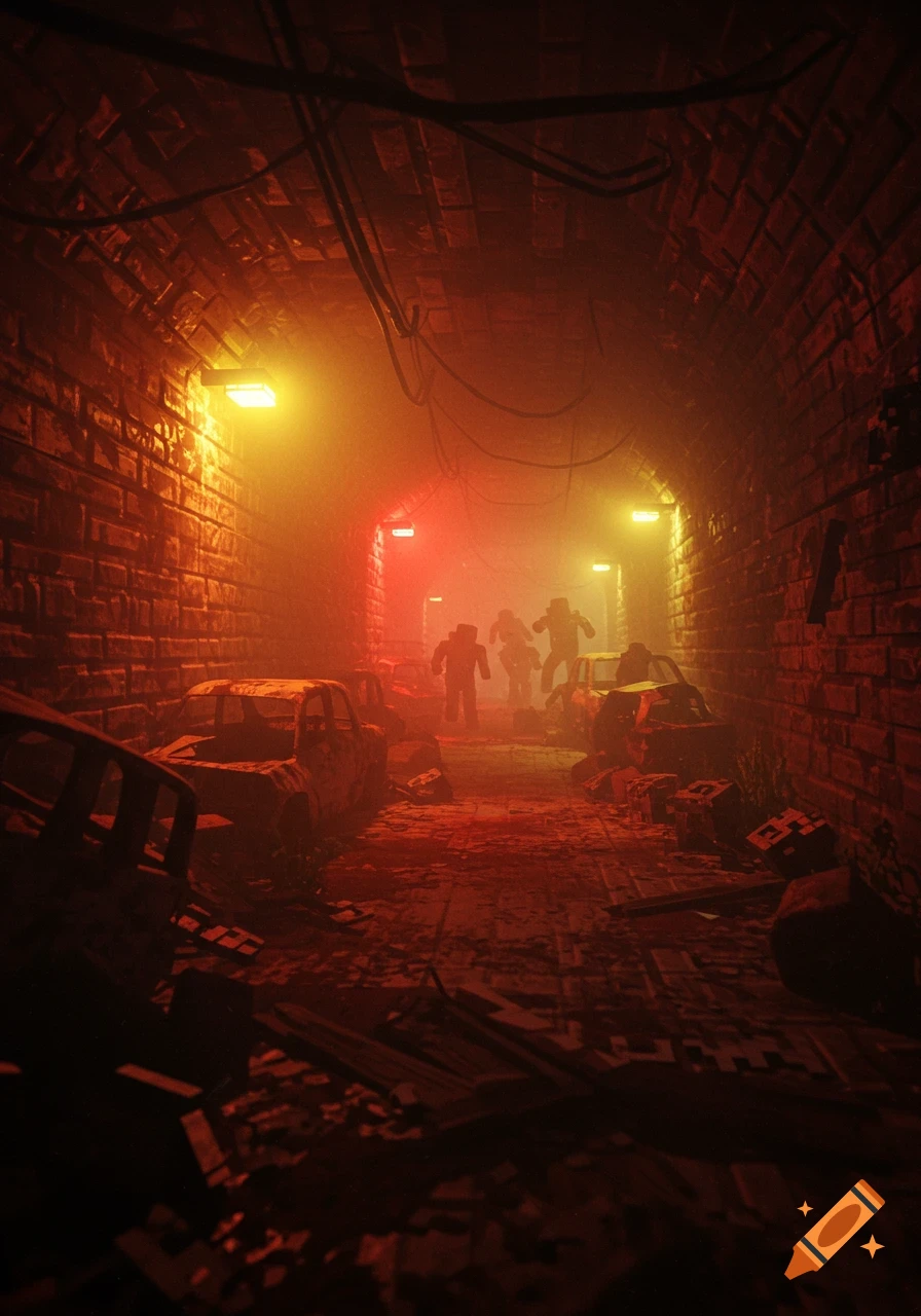 A red-lit, foggy tunnel with blocky, zombie-like figures and broken cars, in a Minecraft cinematic render style.