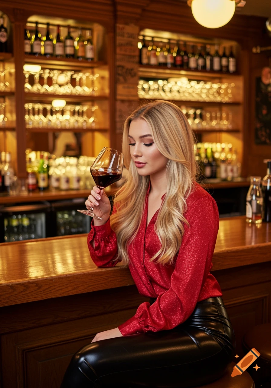 A young blonde woman in a red blouse and black shiny leggings sits at a bar, looking down at a glass of red wine.