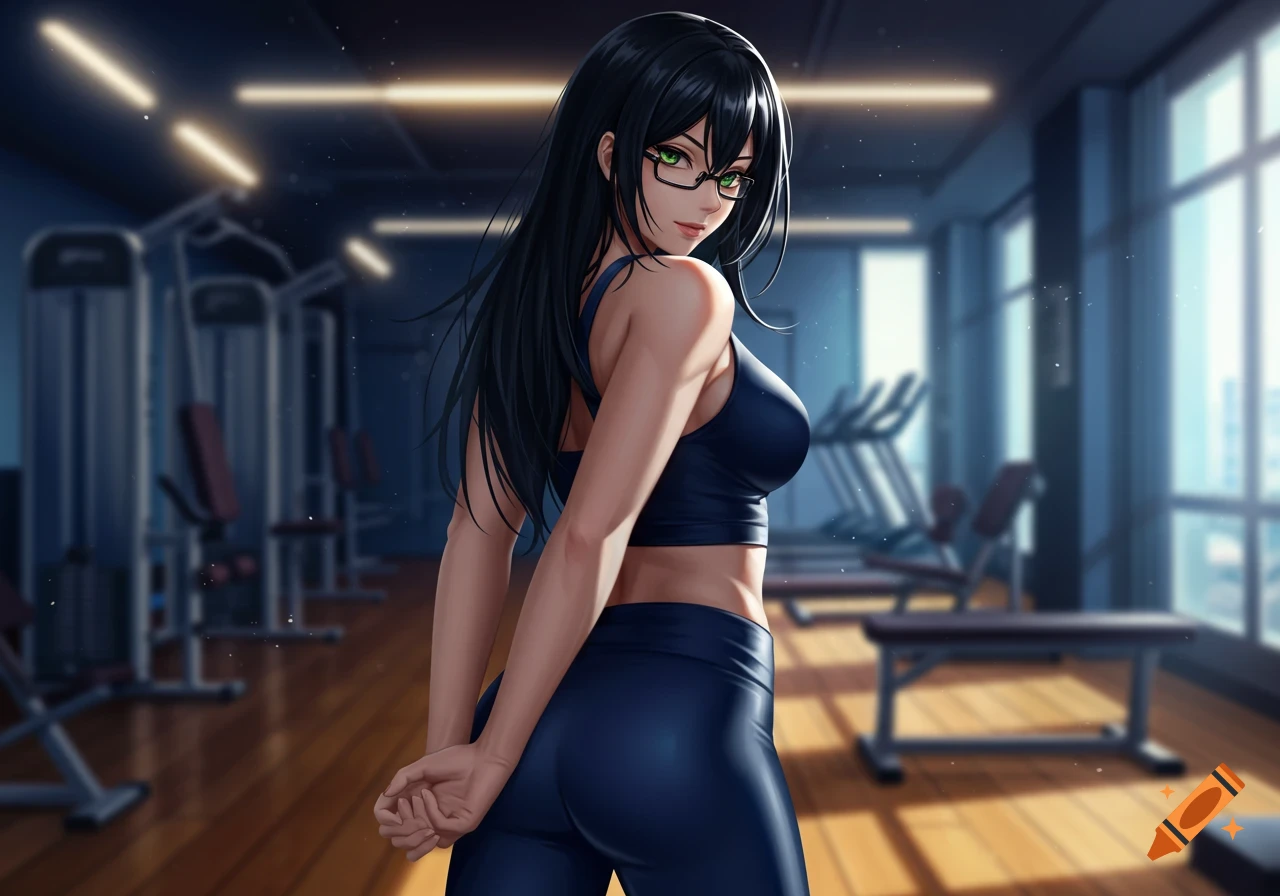 Anime girl with long black hair, green eyes, and glasses, wearing a dark blue sports bra and leggings, posing in a gym.