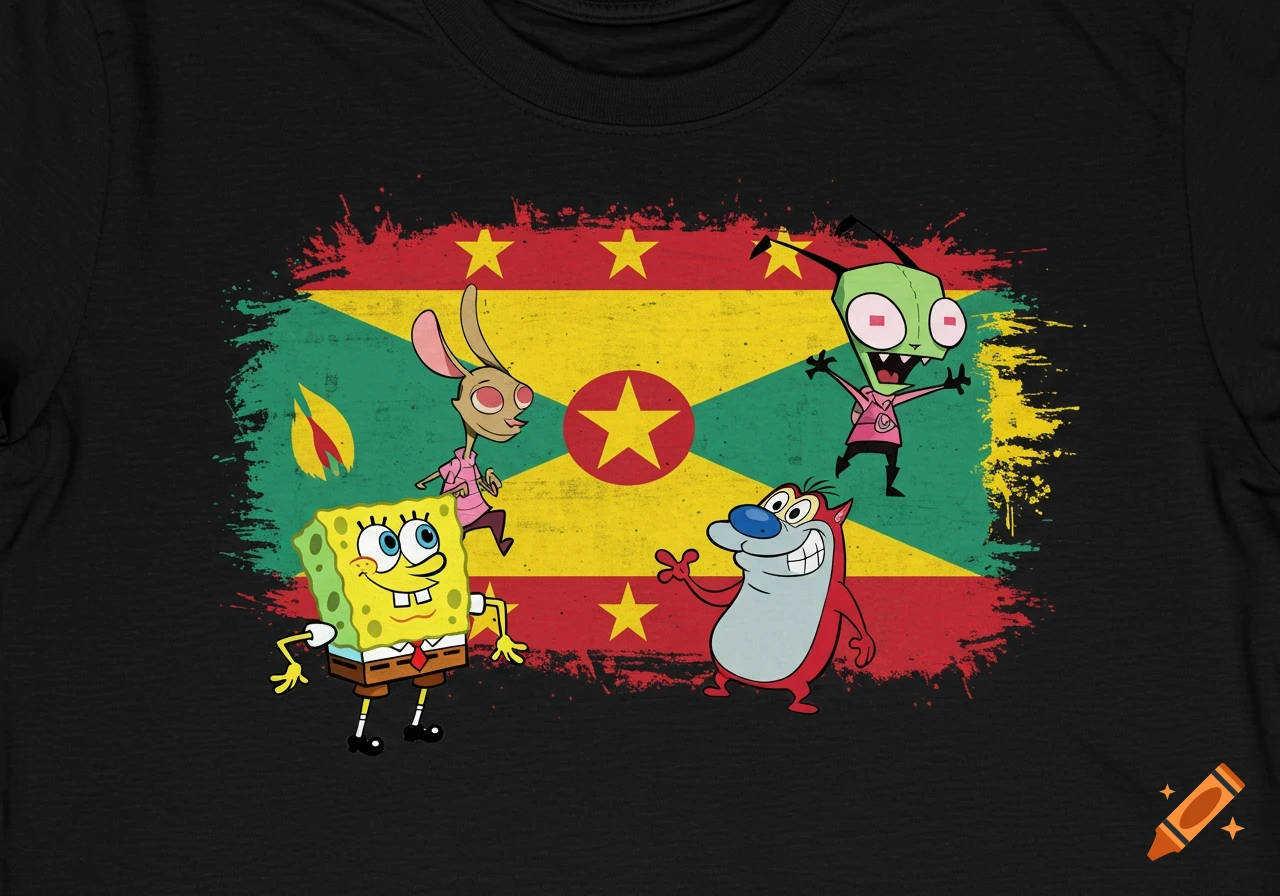 Black t-shirt featuring a distressed Grenadian flag with SpongeBob, Ren, Stimpy, and Zim cartoons.